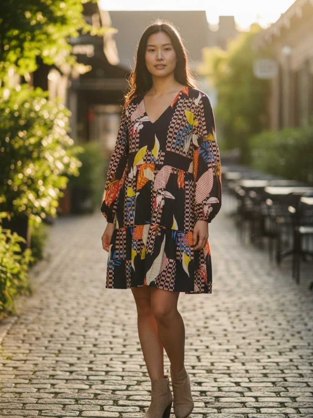 V-Neck Black Multi-Color Printed Tiered Dress